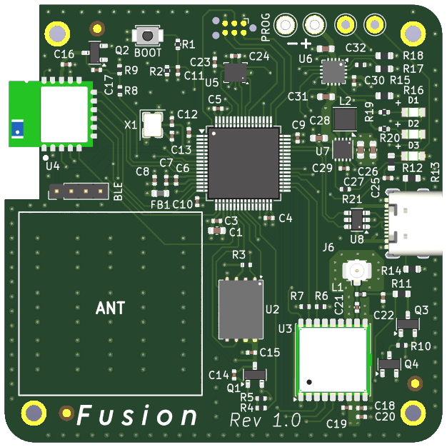 The Ghost Logger Rev 1.0 circuit board: microcontroller, GNSS module, Bluetooth module, motion sensor, flash memory and USB-C charging
