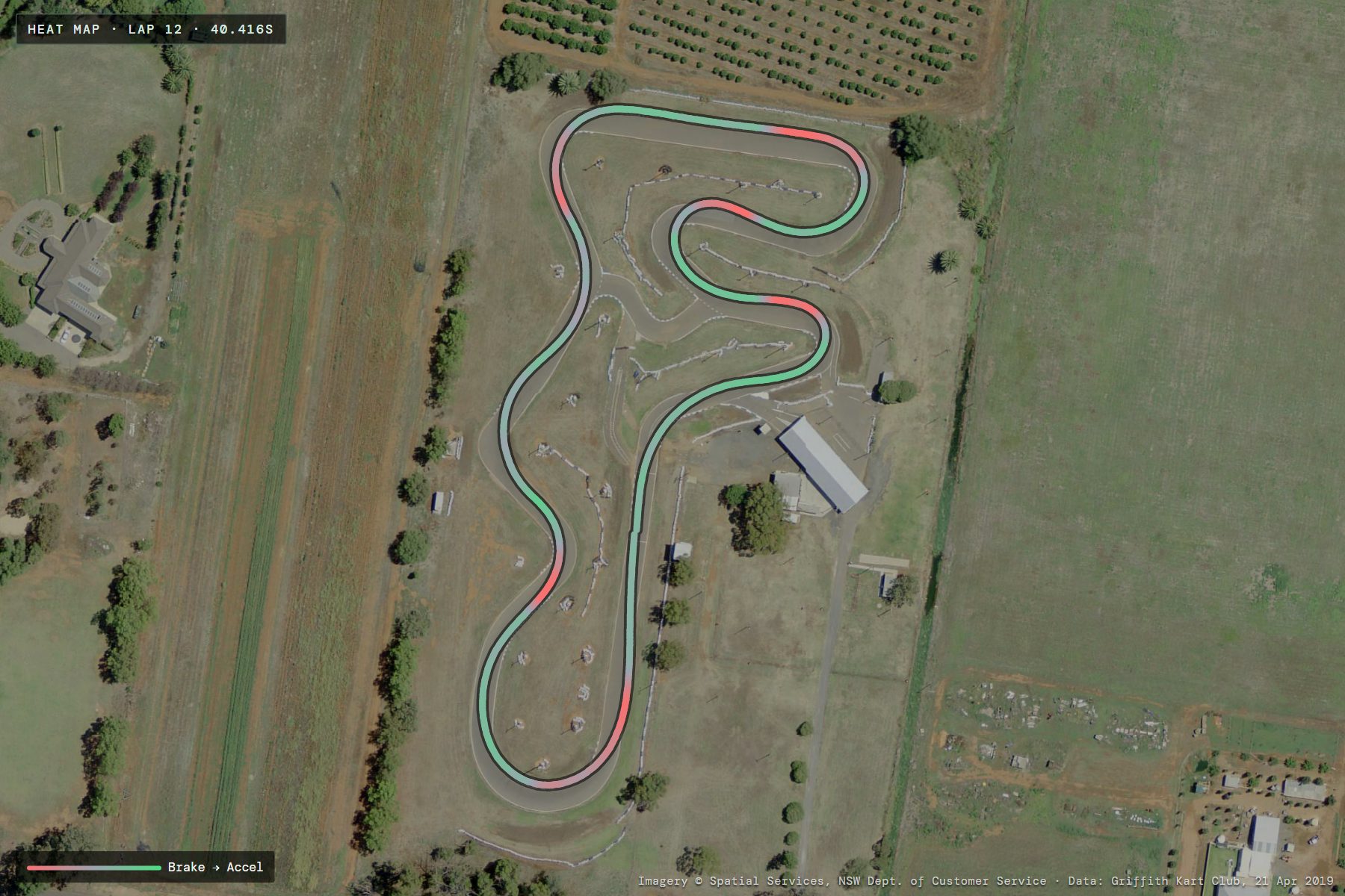 Aerial photo of Griffith Kart Club with lap 12's line coloured red under braking and green under acceleration
