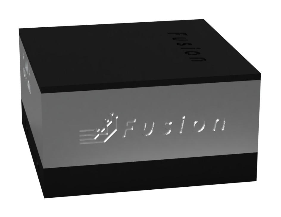 Render of the first-batch Ghost Logger: a machined aluminium body with black anodised lid and base, the Fusion logo engraved on the side